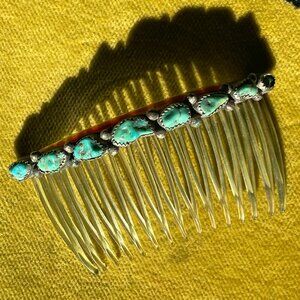 Vintage Vtg Turquoise Sterling Silver Hair Comb